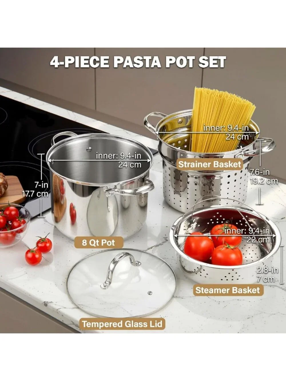 8 Quart Stainless Steel Pasta Pot Set - 4-Piece Stock Pot with Strainer